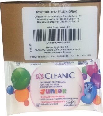 Chusteczki odświeżające dla dzieci o zapachu gumy balonowej z płynem antybakteryjnym Cleanic Junior (15 sztuk)