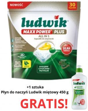 Kapsułki do zmywarek Ludwik Maxx Power Plus All in One Lemon (30 sztuk) + Płyn do naczyń Ludwik miętowy 450 g Gratis
