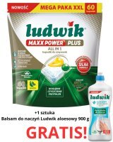 Kapsułki do zmywarek Ludwik Maxx Power Plus All in One Lemon (60 sztuk) + Balsam do naczyń Ludwik aloesowy 900 g Gratis