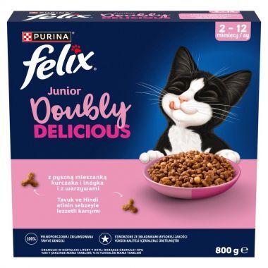 Karma dla kota Felix Doubly Delicious Junior z mieszanką kurczaka i indyka i z warzywami 2-12 miesięcy 800 g
