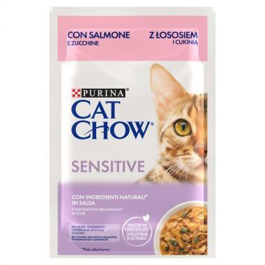 Karma dla kota Purina Cat Chow Sensitive z łososiem i cukinią w sosie 85 g (24 sztuki)