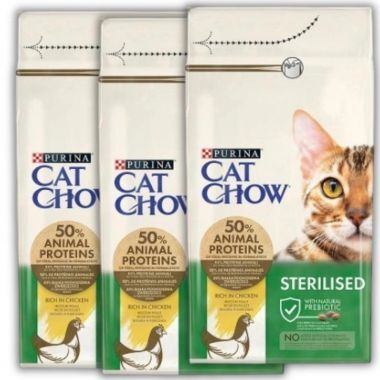 Karma dla kota Purina Cat Chow Sterilised bogata w kurczaka 1,5 kg 2+1 GRATIS