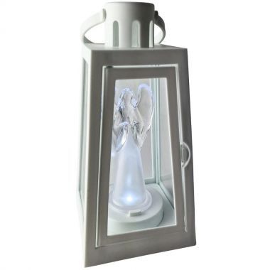 Latarenka dekoracyjna lampion biały LED z aniołkiem 21 cm