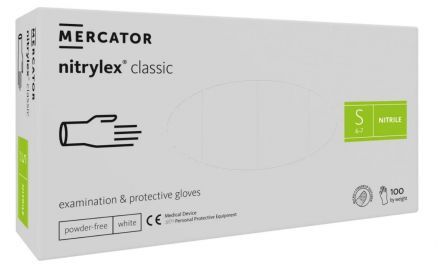Rękawice diagnostyczne i ochronne, nitrylowe, bezpudrowe Mercator nitrylex białe rozmiar S (100 sztuk)