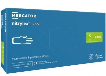 Rękawice diagnostyczne i ochronne, nitrylowe, bezpudrowe Mercator nitrylex classic niebieskie rozmiar S (100 sztuk)