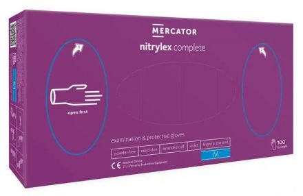 Rękawice diagnostyczne i ochronne, nitrylowe, bezpudrowe Mercator nitrylex complete fioletowe rozmiar M (100 sztuk)