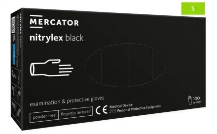 Rękawice diagnostyczne i ochronne, nitrylowe, bezpudrowe Mercator nitrylex czarne rozmiar S (100 sztuk)