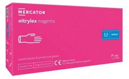 Rękawice diagnostyczne i ochronne, nitrylowe, bezpudrowe Mercator nitrylex magenta rozmiar M (100 sztuk)