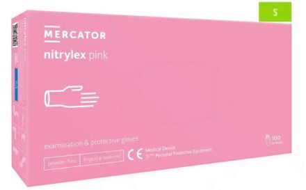 Rękawice diagnostyczne i ochronne, nitrylowe, bezpudrowe Mercator nitrylex różowe rozmiar S (100 sztuk)