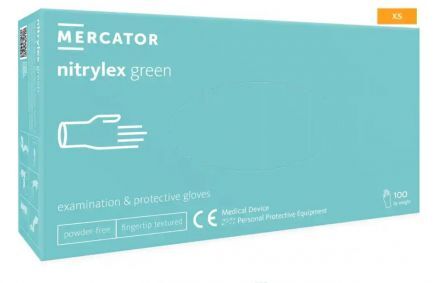 Rękawice diagnostyczne i ochronne, nitrylowe, bezpudrowe Mercator nitrylex zielone rozmiar XS (100 sztuk)