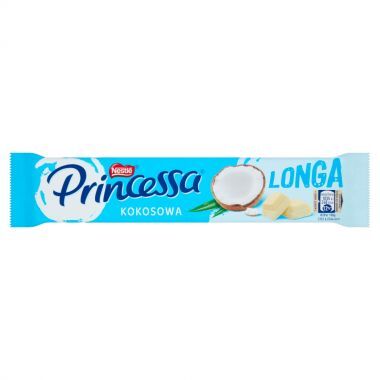 Wafel Princessa Longa przekładany kremem kokosowym oblany białą czekoladą 44 g (28 sztuk)